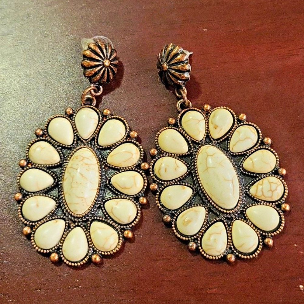 Western Cowgirl Ivory Stone Style Concho Floral Dangle Earrings Antique Copper